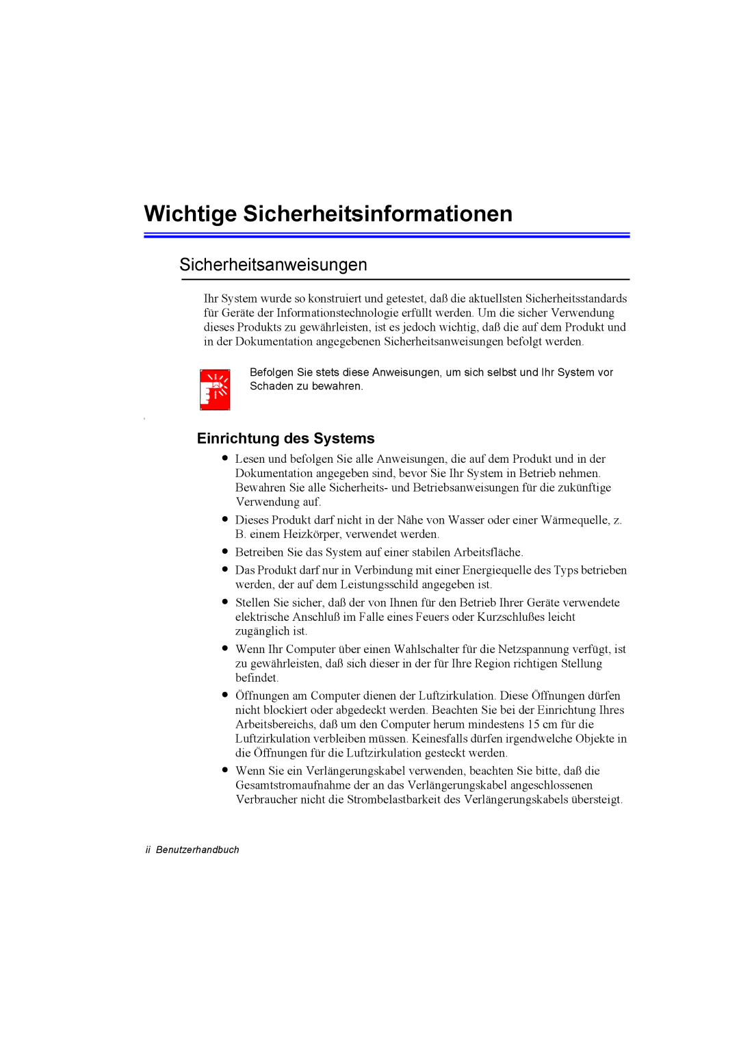 Samsung NP10FP00MT/SEG, NP10FP02CD/SEG Wichtige Sicherheitsinformationen, Sicherheitsanweisungen, Einrichtung des Systems 