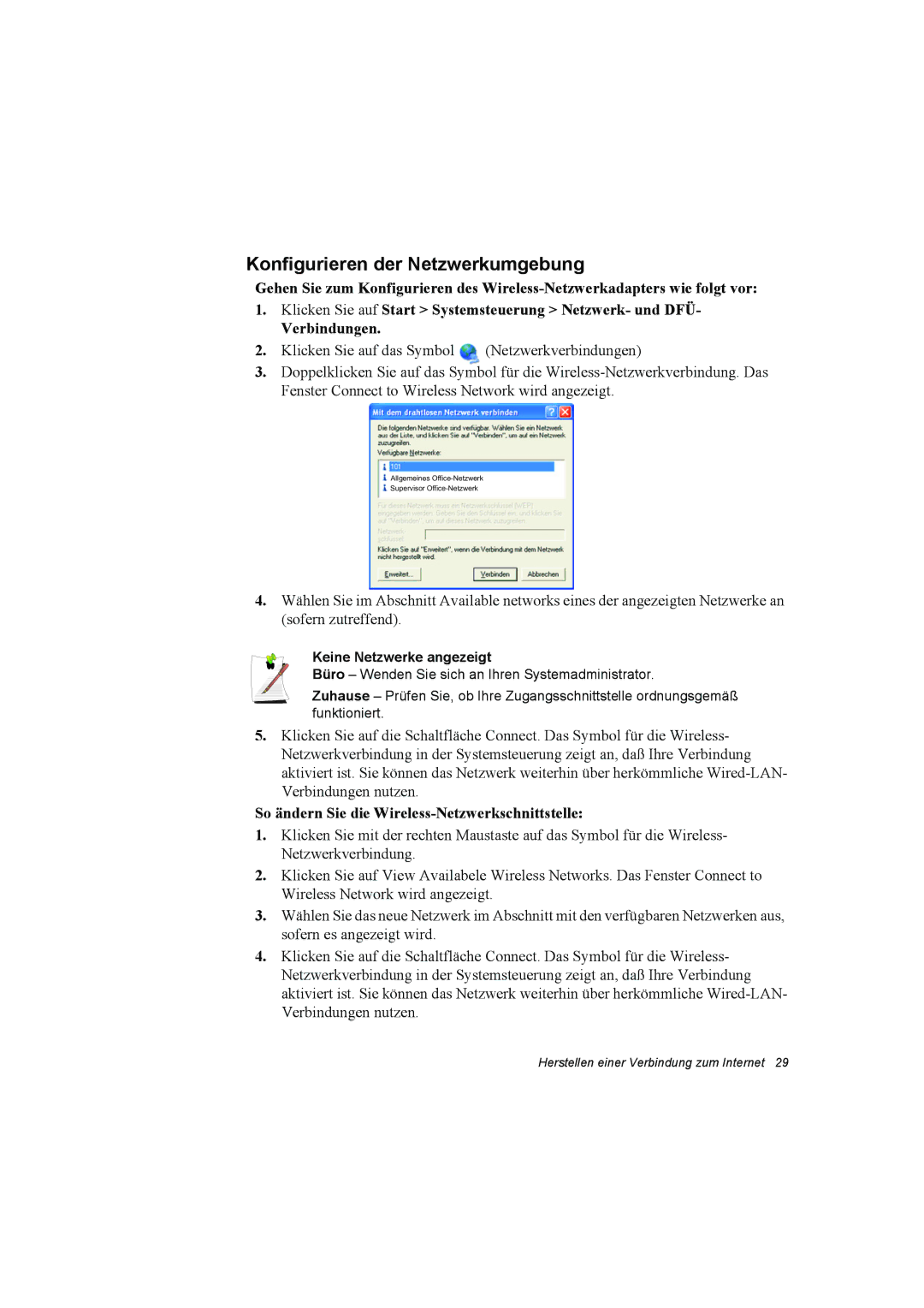 Samsung NP10FH00MS/SEG, NP10FP02CD/SEG manual So ändern Sie die Wireless-Netzwerkschnittstelle, Keine Netzwerke angezeigt 