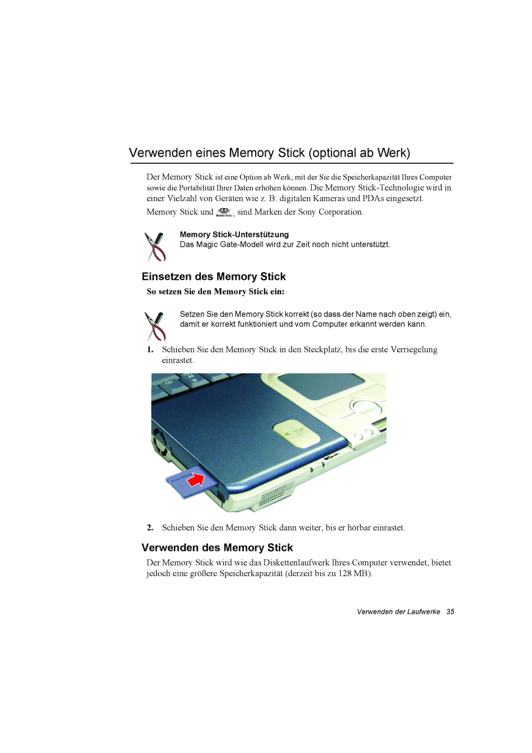 Samsung NP10FJZ004/SEG, NP10FP02CD/SEG manual Verwenden eines Memory Stick optional ab Werk, Einsetzen des Memory Stick 