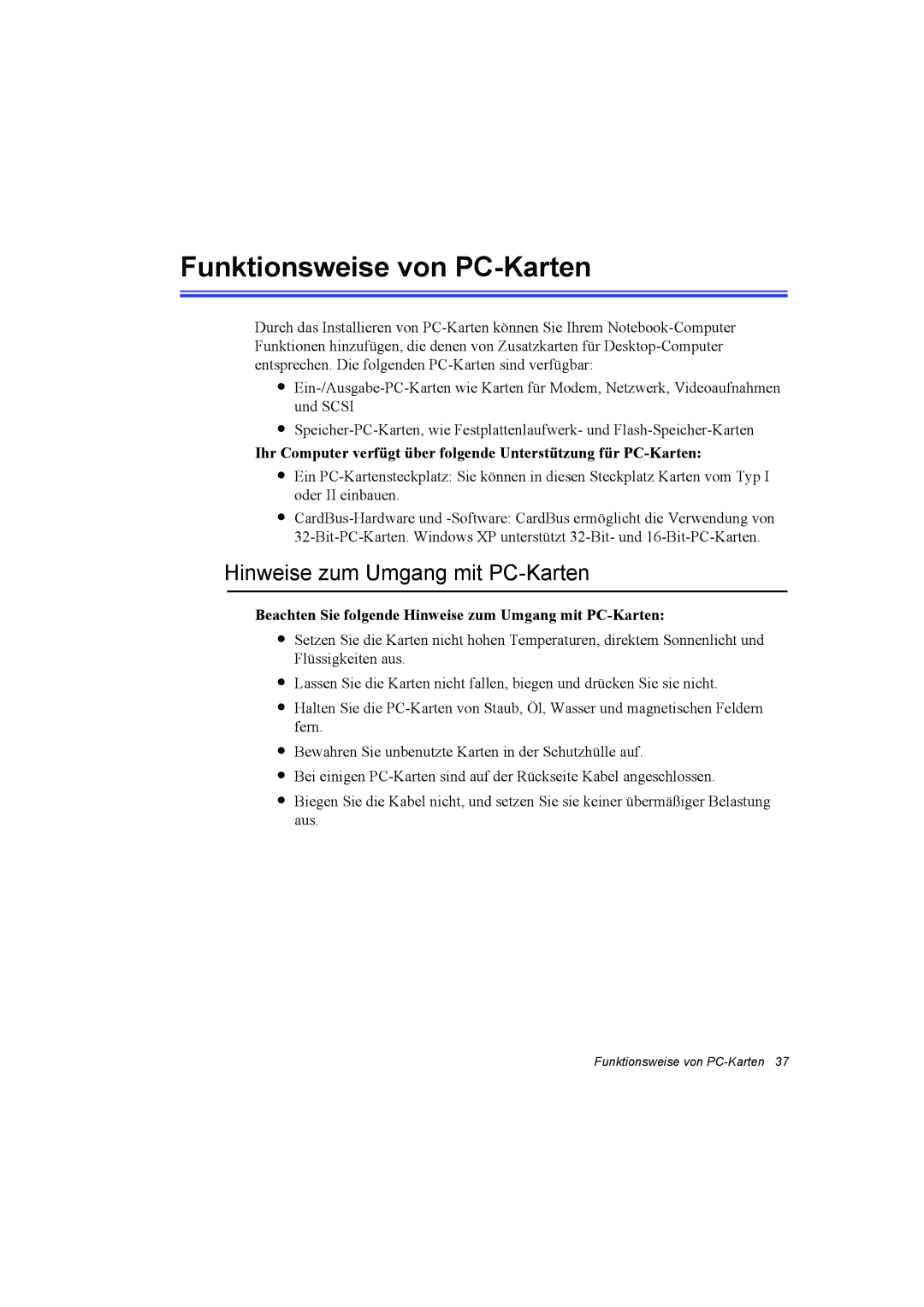 Samsung NP10FH00MS/SUK, NP10FP02CD/SEG, NP10FP00UV/SEG manual Funktionsweise von PC-Karten, Hinweise zum Umgang mit PC-Karten 