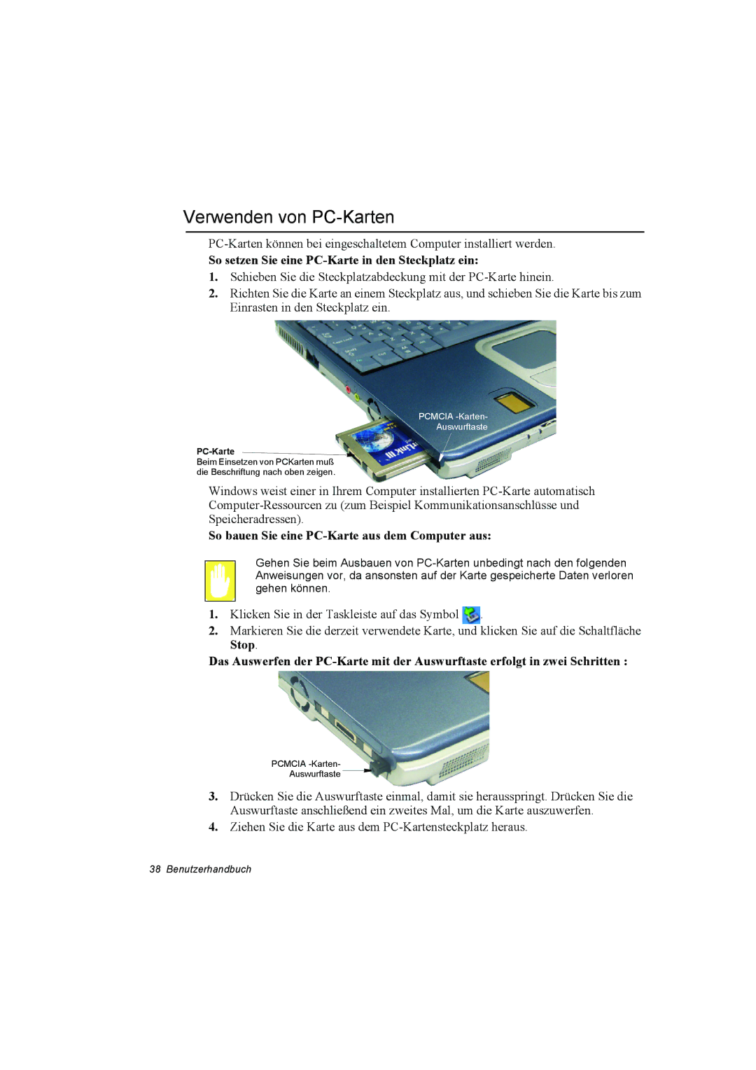 Samsung NP10FJZ002/SEG, NP10FP02CD/SEG manual Verwenden von PC-Karten, So setzen Sie eine PC-Karte in den Steckplatz ein 