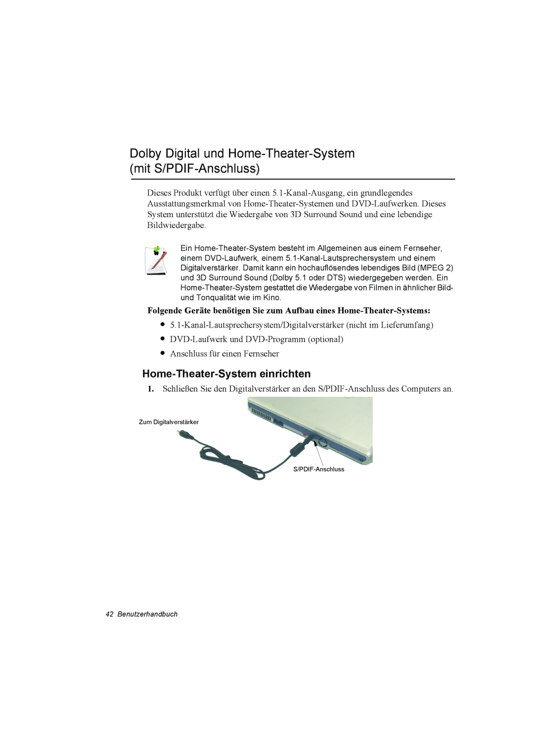 Samsung NP10FP00MT/SEG manual Dolby Digital und Home-Theater-System mit S/PDIF-Anschluss, Home-Theater-System einrichten 