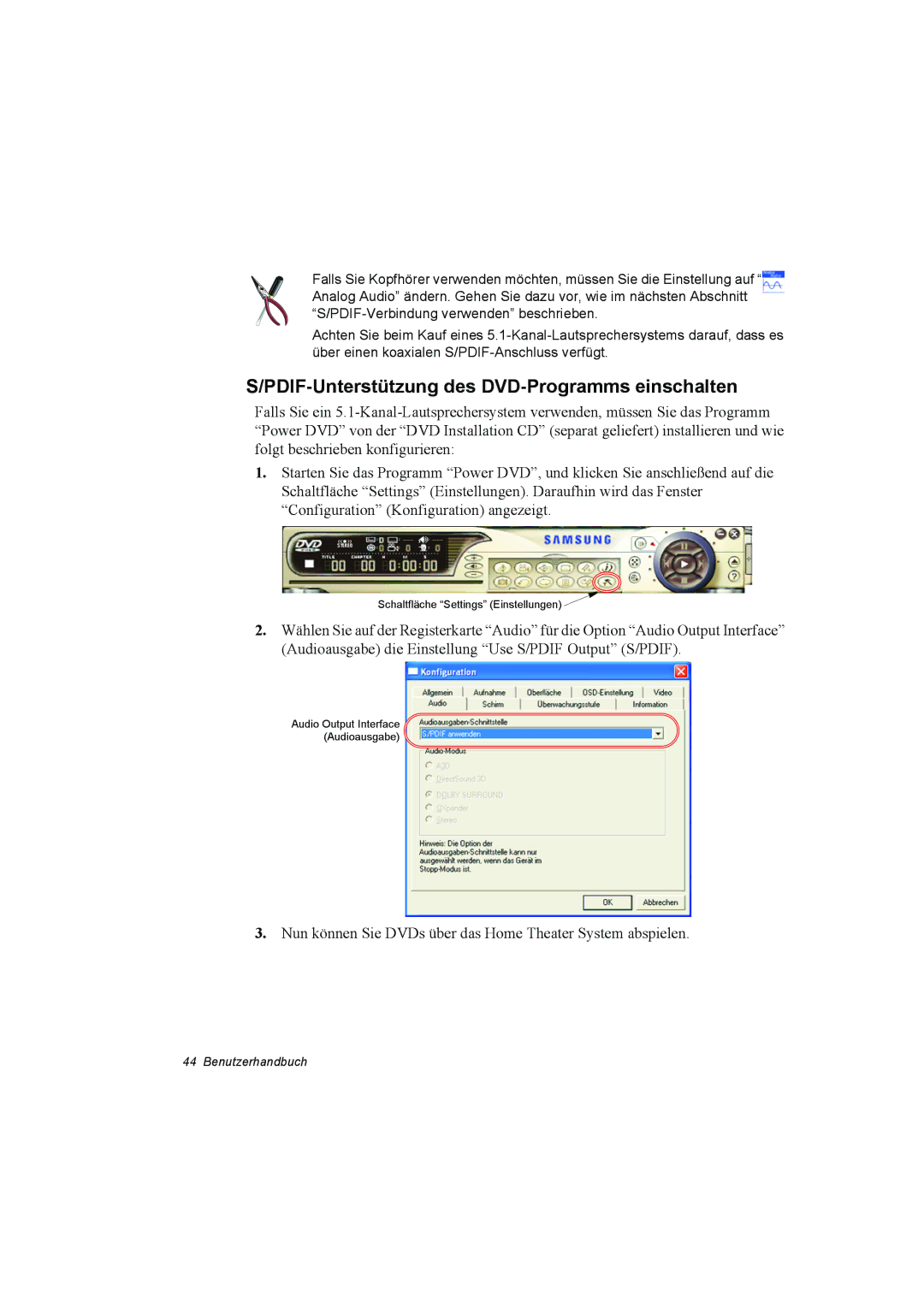 Samsung NP10FH031K/SEG, NP10FP02CD/SEG, NP10FP00UV/SEG, NP10FP00MT/SEG manual PDIF-Unterstützung des DVD-Programms einschalten 