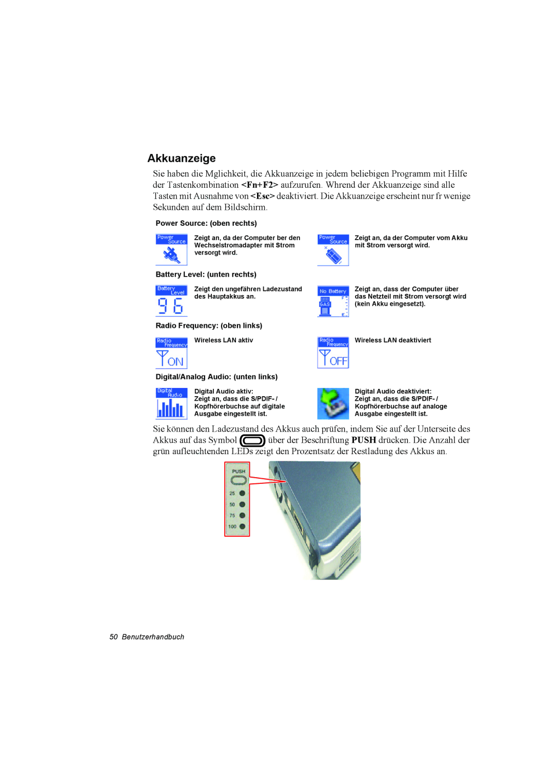 Samsung NP10FK02CD/SEG manual Akkuanzeige, Power Source oben rechts, Battery Level unten rechts, Radio Frequency oben links 