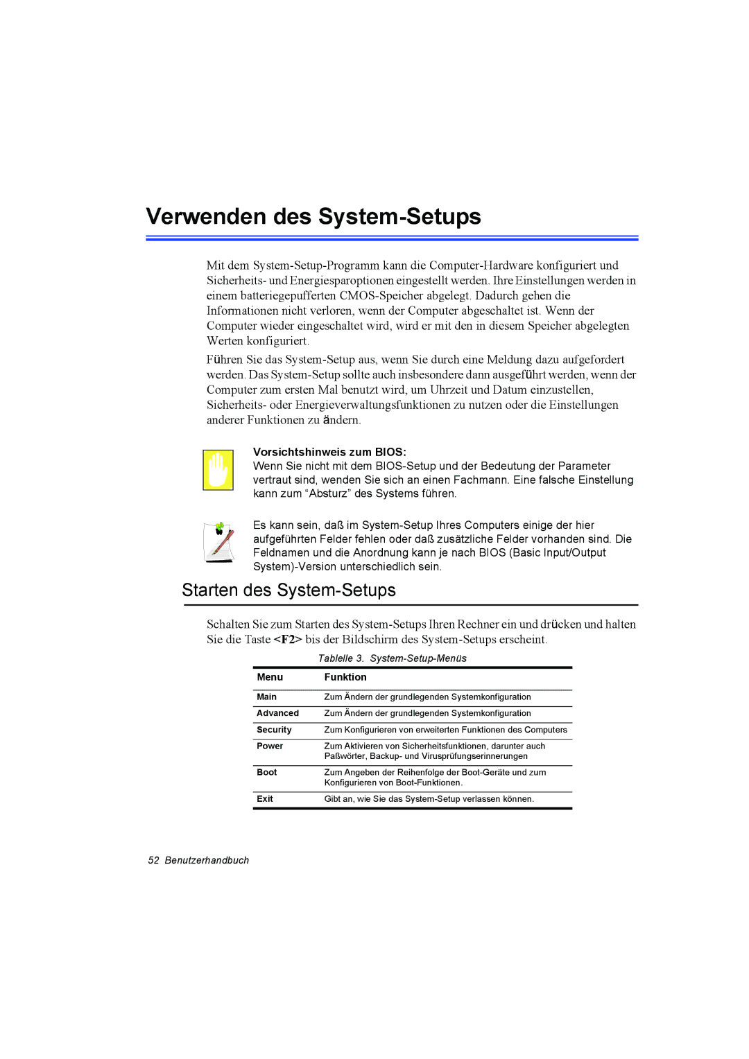 Samsung NP10FK00MT/SEG Verwenden des System-Setups, Starten des System-Setups, Vorsichtshinweis zum Bios, Menu Funktion 