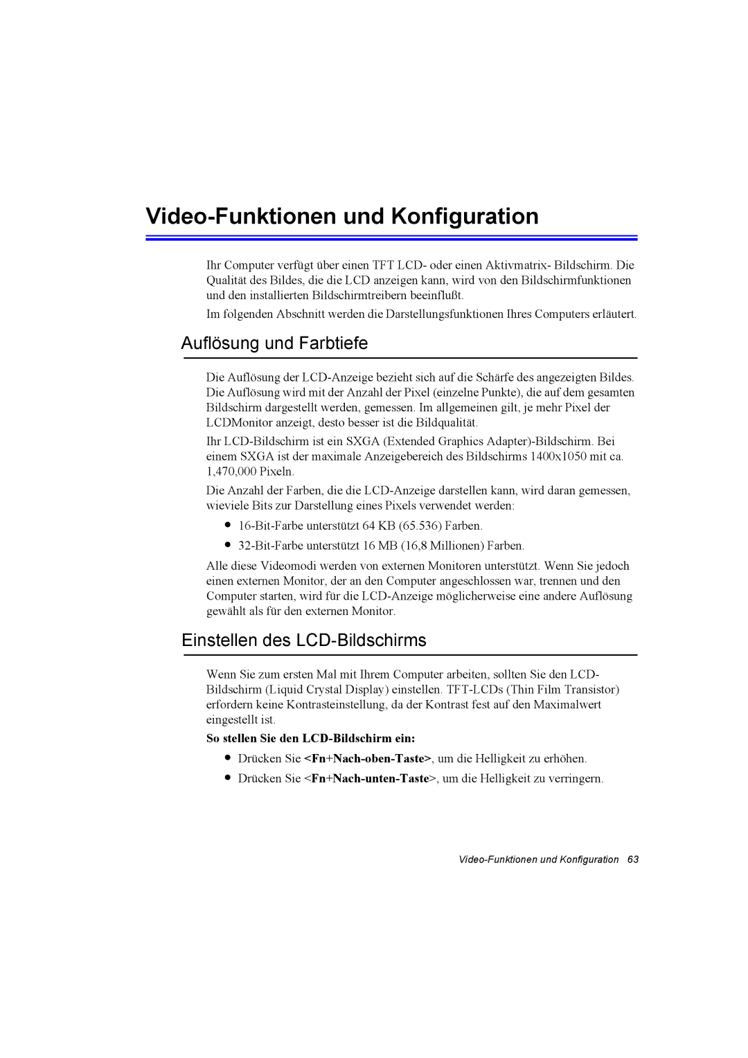 Samsung NP10FJZ002/SEG, NP10FP02CD/SEG, NP10FP00UV/SEG manual Video-Funktionen und Konfiguration, Auflösung und Farbtiefe 