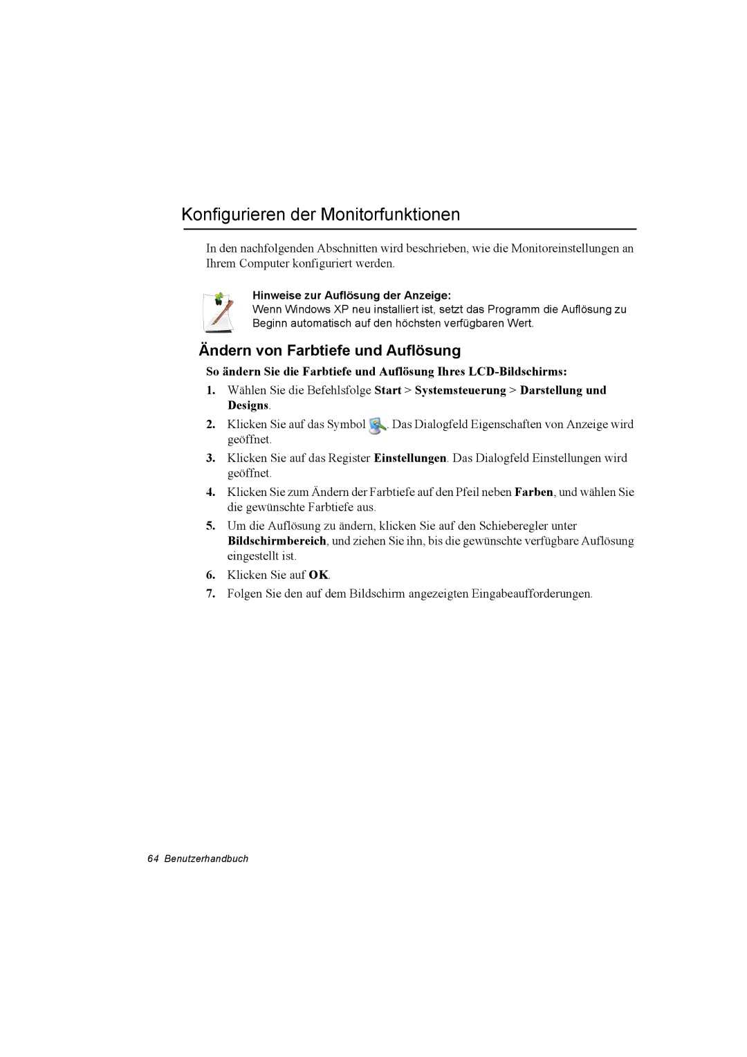 Samsung NP10FP033Q/SUK, NP10FP02CD/SEG manual Konfigurieren der Monitorfunktionen, Ändern von Farbtiefe und Auflösung 