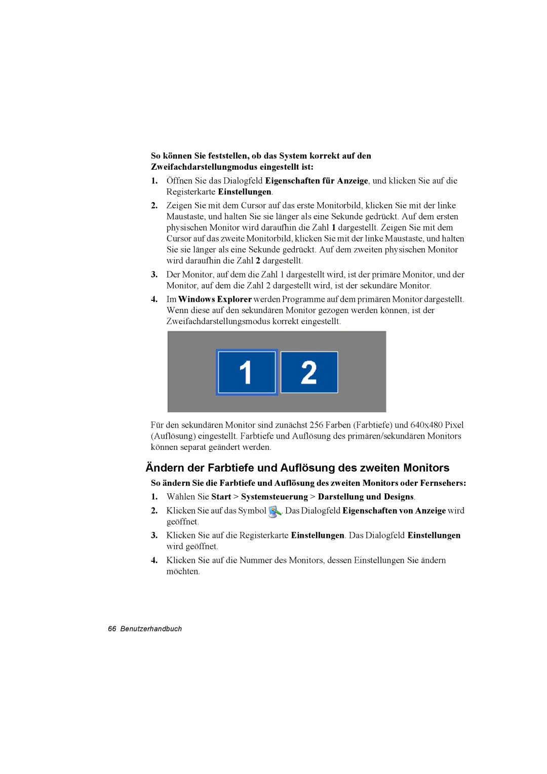 Samsung NP10FP00UV/SEG, NP10FP02CD/SEG, NP10FP00MT/SEG manual Ändern der Farbtiefe und Auflösung des zweiten Monitors 