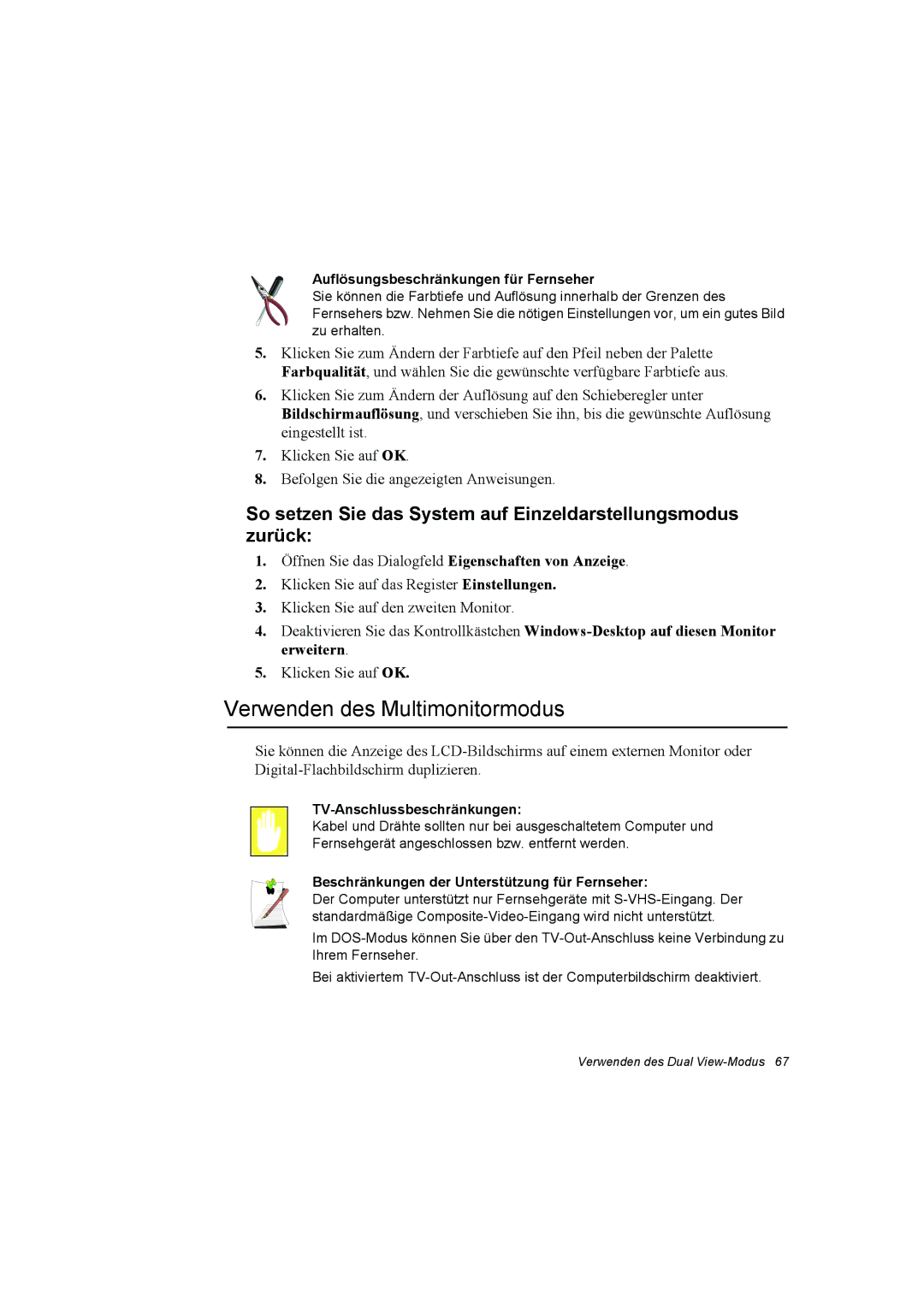 Samsung NP10FP00MT/SEG manual Verwenden des Multimonitormodus, So setzen Sie das System auf Einzeldarstellungsmodus zurück 