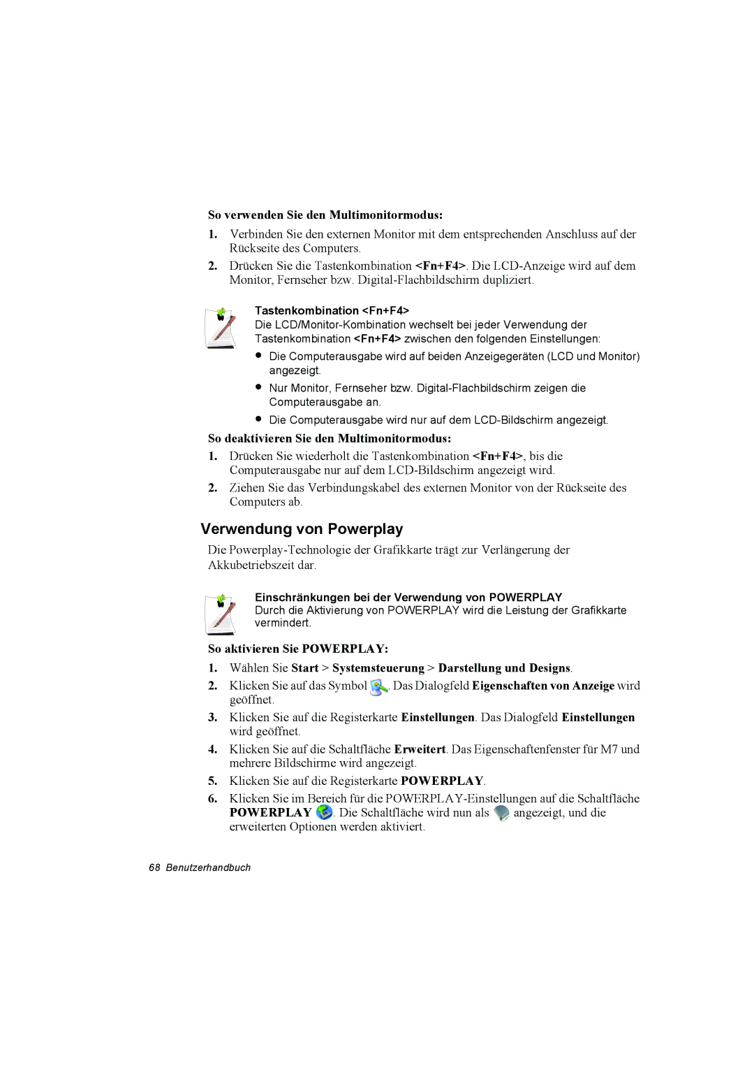 Samsung NP10FP0000/SEF manual Verwendung von Powerplay, So verwenden Sie den Multimonitormodus, Tastenkombination Fn+F4 