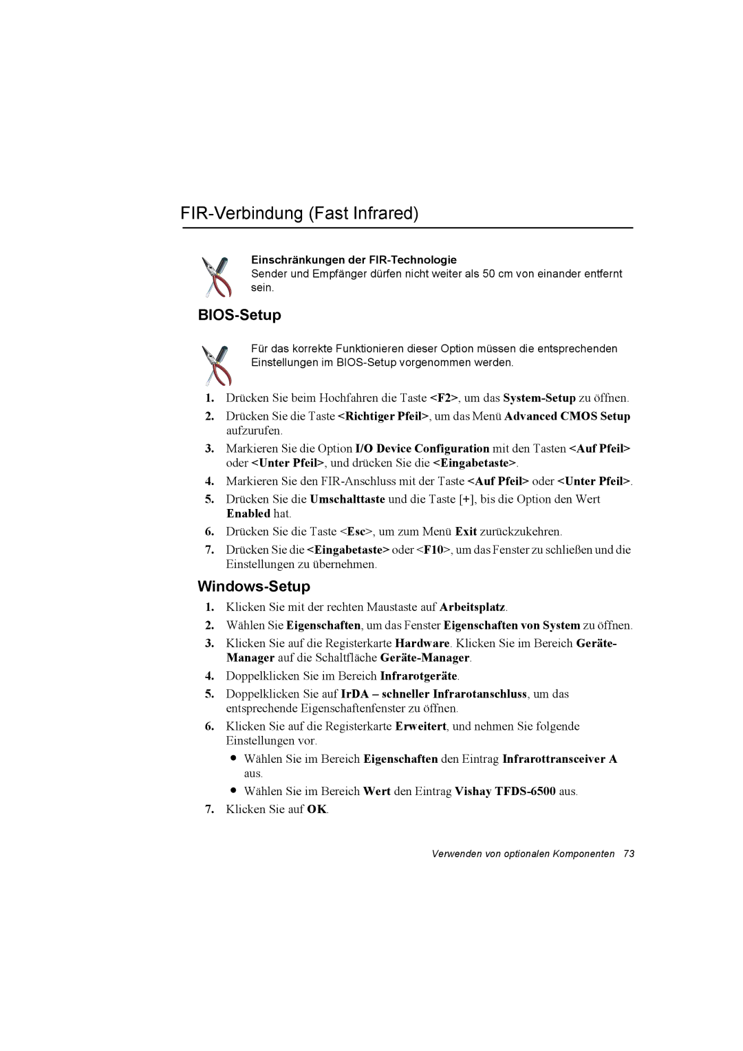 Samsung NP10FP033Q/SEG manual FIR-Verbindung Fast Infrared, BIOS-Setup, Windows-Setup, Einschränkungen der FIR-Technologie 