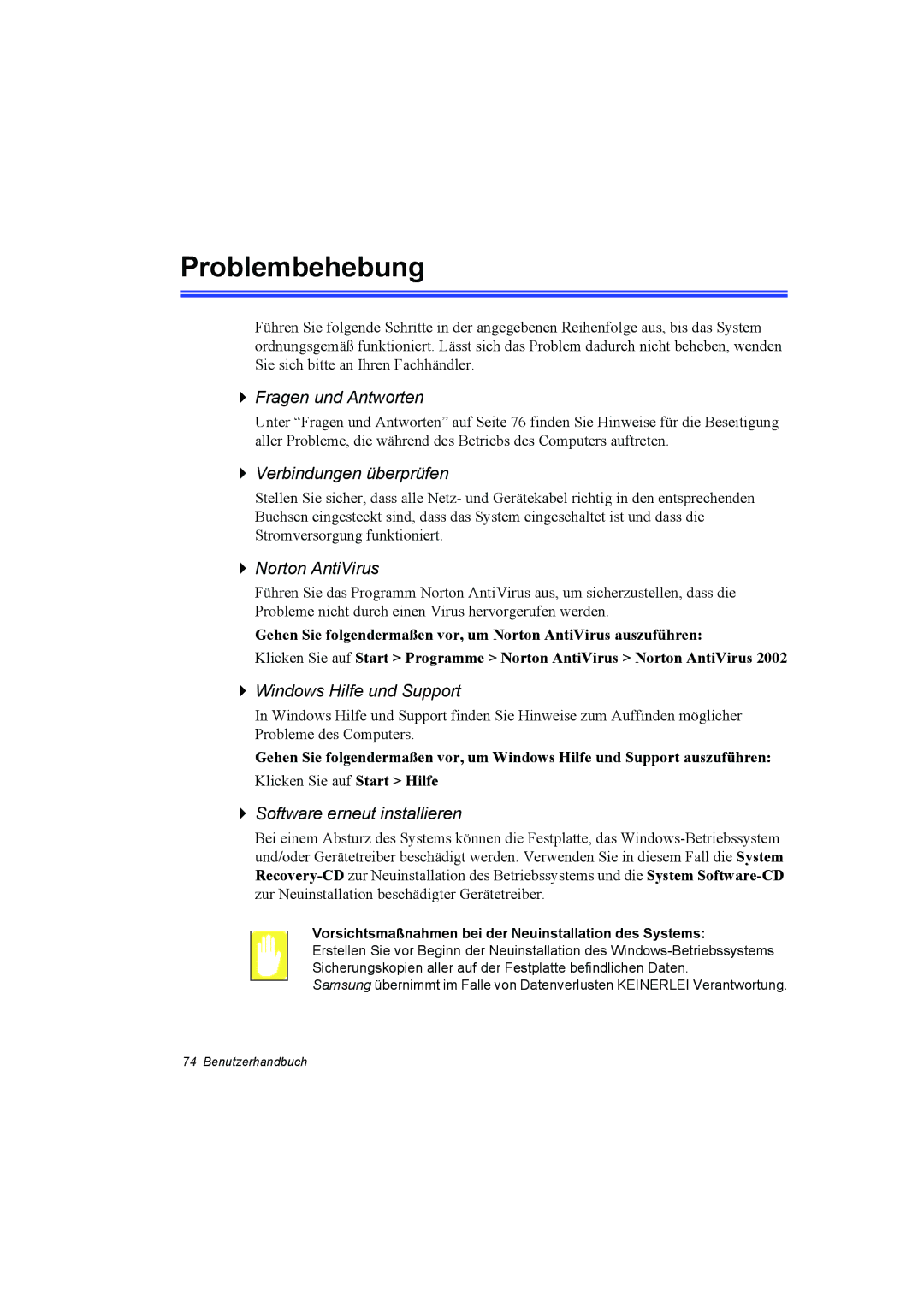 Samsung NP10FK033Q/SUK, NP10FP02CD/SEG manual Problembehebung, Vorsichtsmaßnahmen bei der Neuinstallation des Systems 