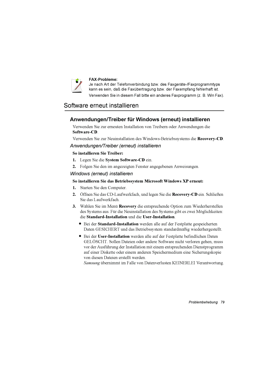 Samsung NP10FH00MS/SEG Software erneut installieren, Anwendungen/Treiber für Windows erneut installieren, FAX-Probleme 