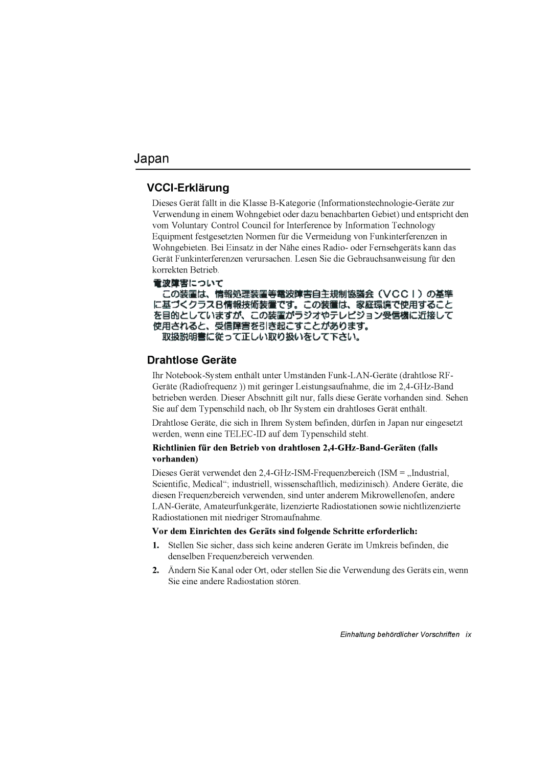 Samsung NP10FK033Q/SUK, NP10FP02CD/SEG, NP10FP00UV/SEG, NP10FP00MT/SEG manual Japan, VCCI-Erklärung, Drahtlose Geräte 