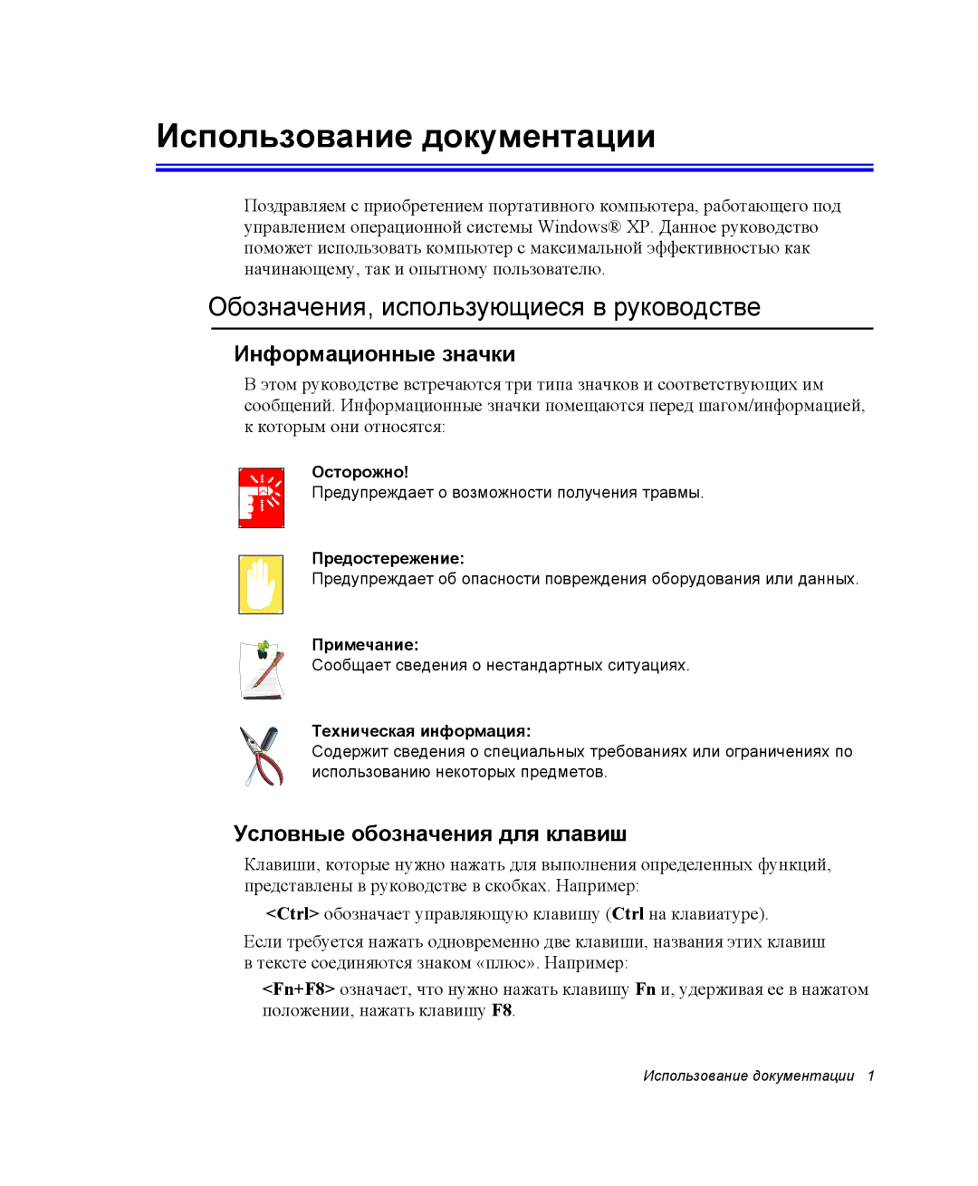 Samsung NP25FH2H1Q/SER manual Использование документации, Обозначения, использующиеся в руководстве, Информационные значки 