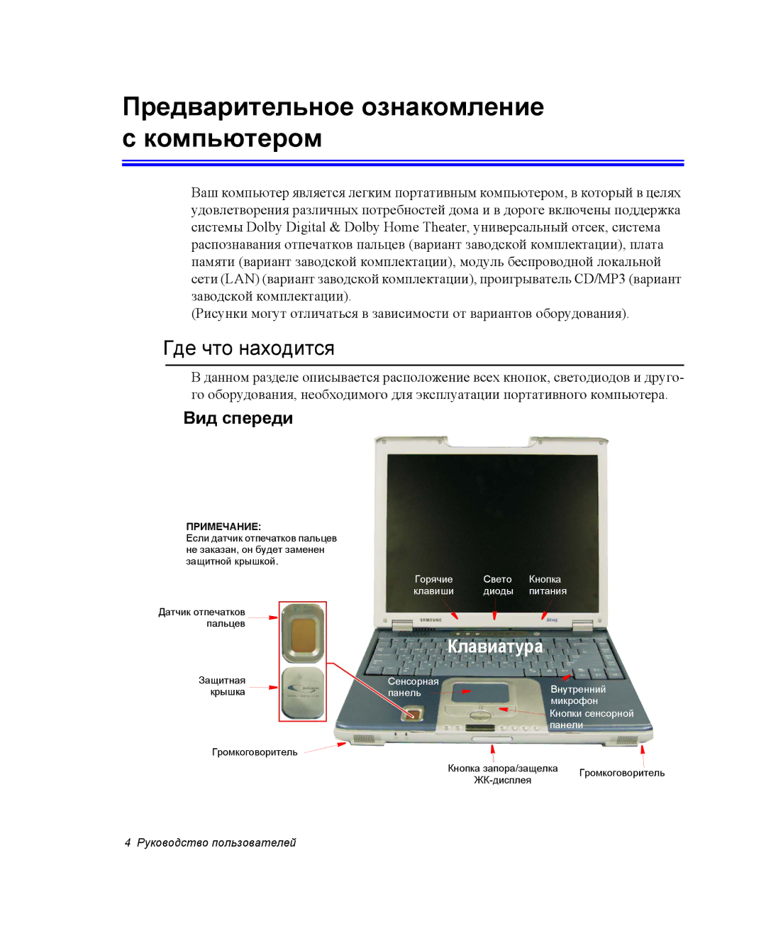 Samsung NP20FH1E6E/SEK, NP25FH1L9Y/SEK manual Предварительное ознакомление с компьютером, Где что находится, Вид спереди 