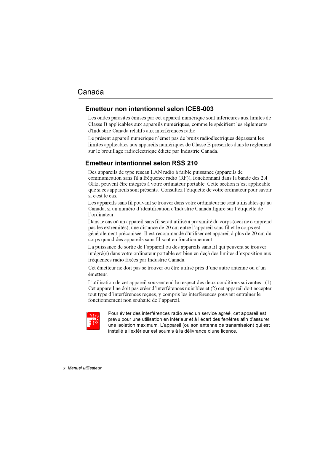 Samsung NP20FP0045/SEF, NP20FP02BG/SEF Canada, Emetteur non intentionnel selon ICES-003, Emetteur intentionnel selon RSS 