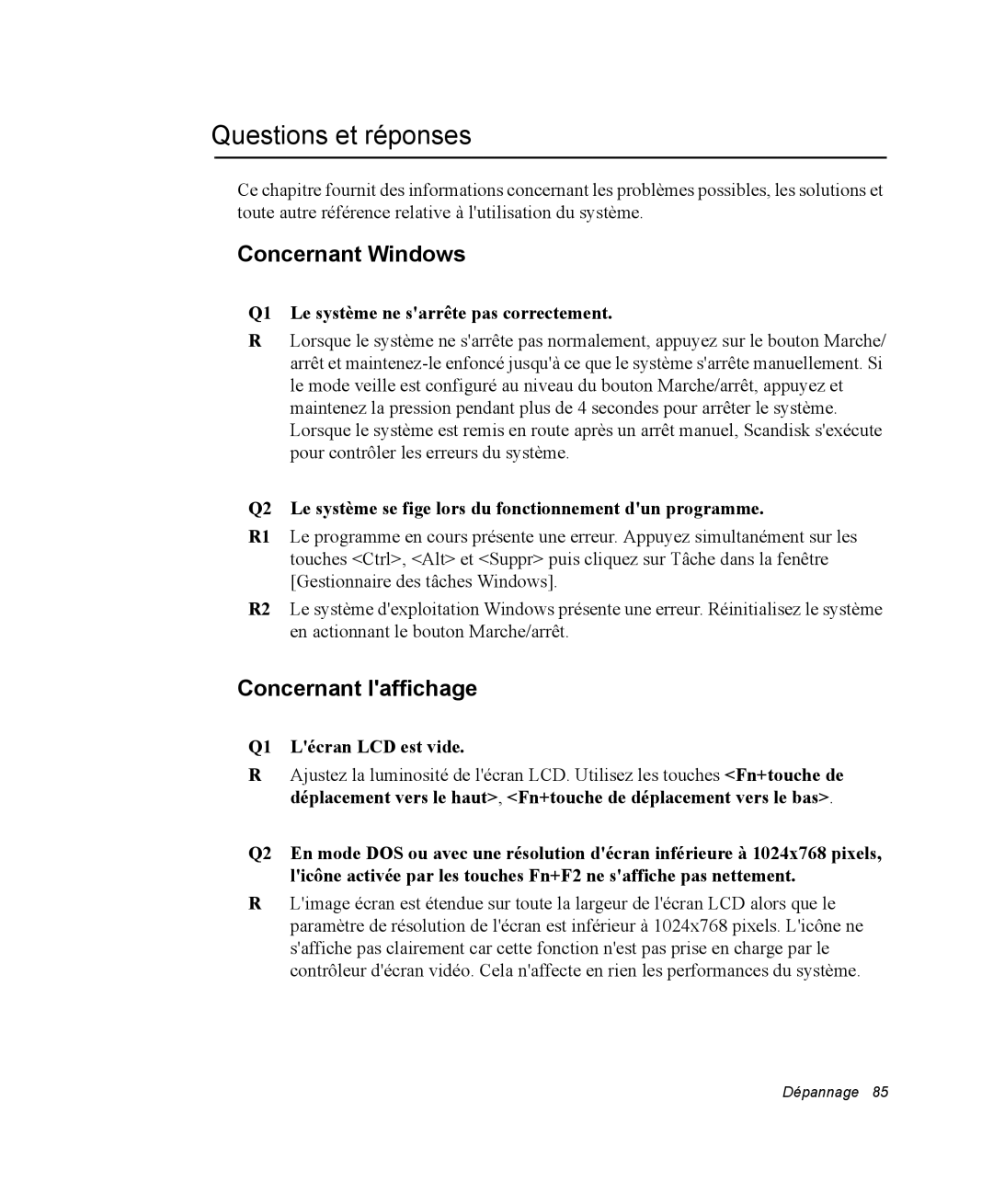 Samsung NP20FP09EW/SEF manual Questions et réponses, Concernant Windows, Concernant laffichage, Q1 Lécran LCD est vide 