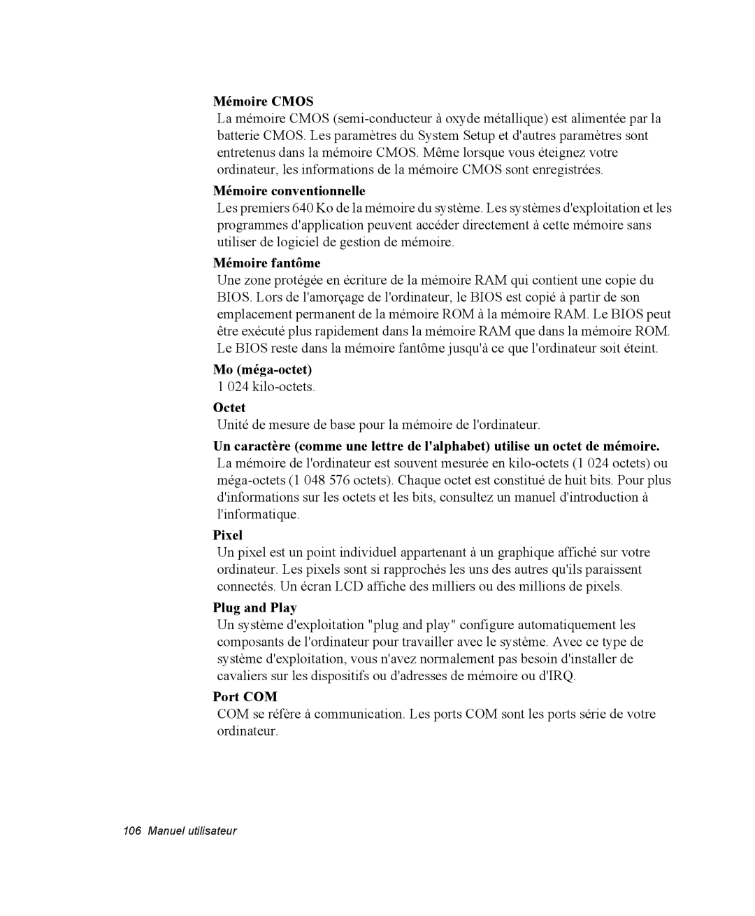 Samsung NP20FP0069/SEF manual Mémoire Cmos, Mémoire conventionnelle, Mémoire fantôme, Mo méga-octet 1 024 kilo-octets Octet 