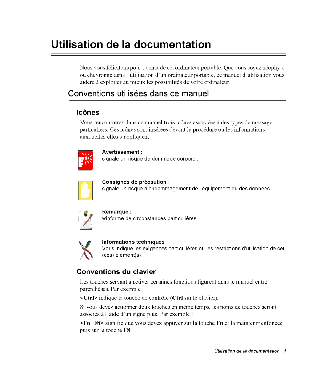 Samsung NP20FP02BG/SEF, NP20FP0069/SEF manual Utilisation de la documentation, Conventions utilisées dans ce manuel, Icônes 