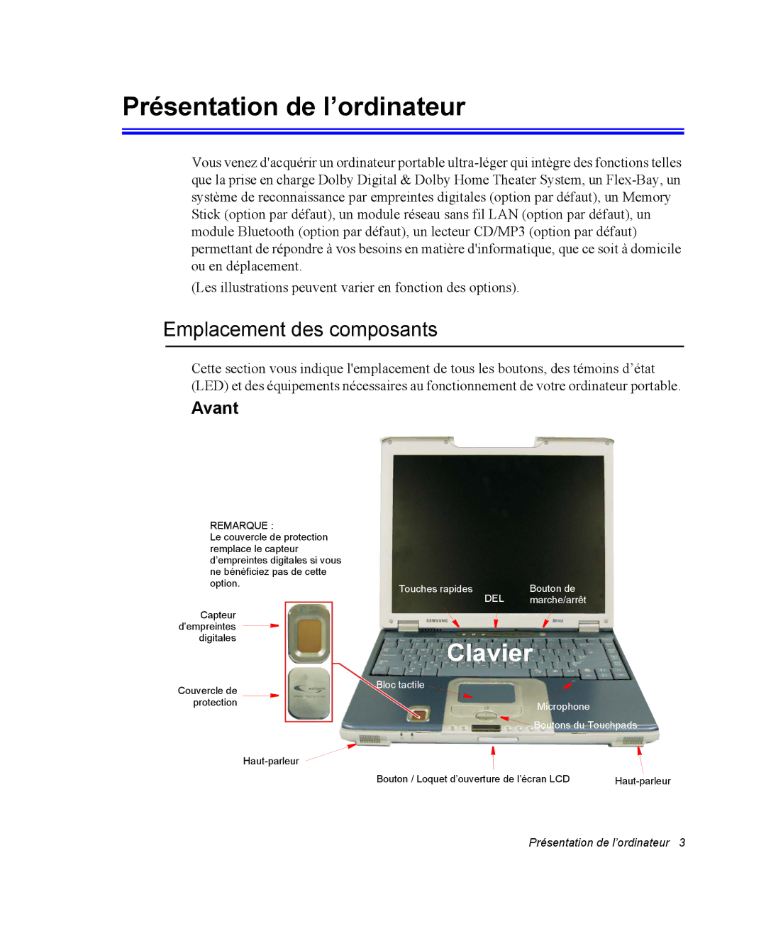 Samsung NP20FP0045/SEF, NP20FP02BG/SEF, NP20FP0069/SEF manual Présentation de l’ordinateur, Emplacement des composants, Avant 