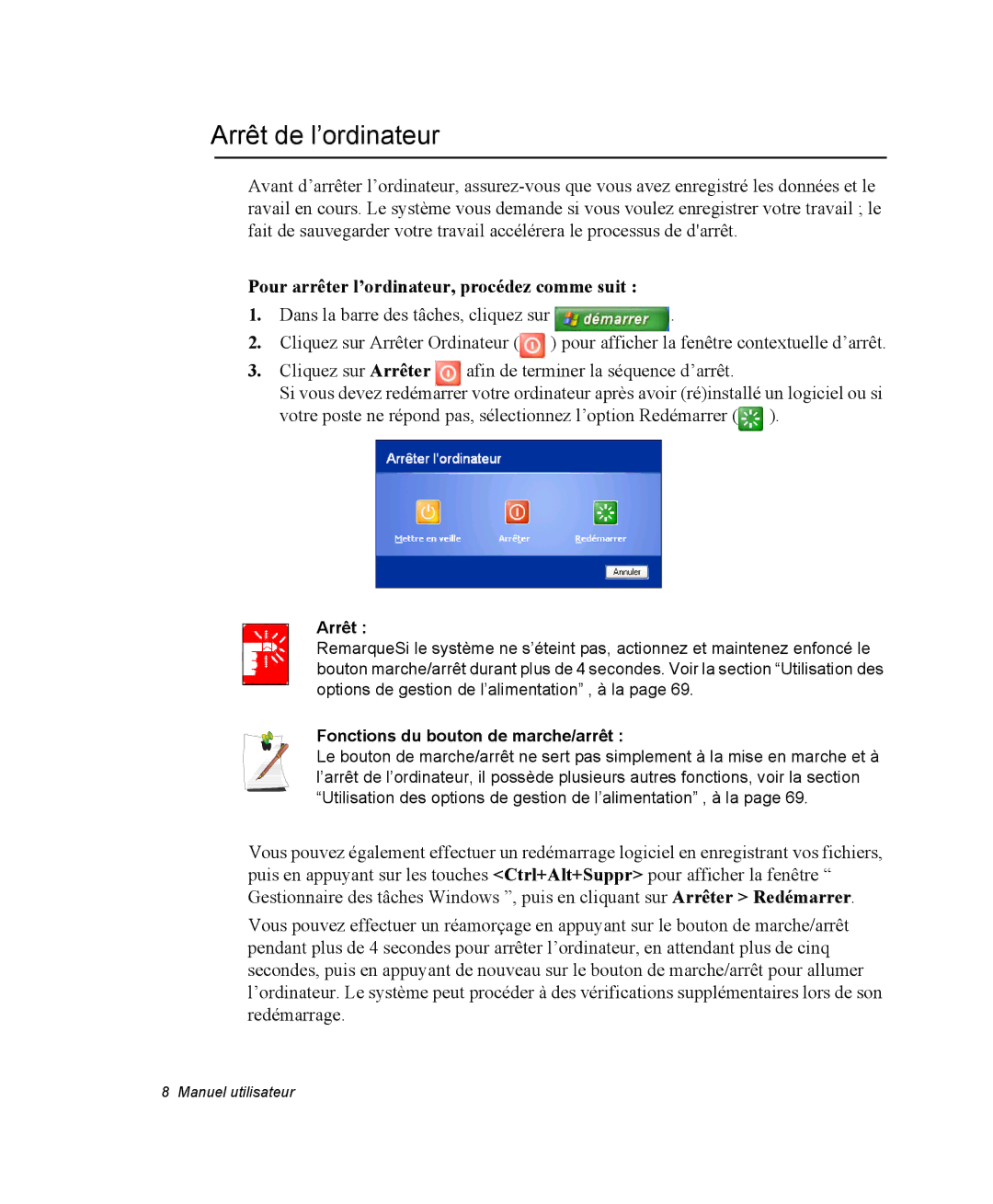 Samsung NP20FK09EW/SEF, NP20FP02BG/SEF manual Arrêt de l’ordinateur, Pour arrêter l’ordinateur, procédez comme suit 