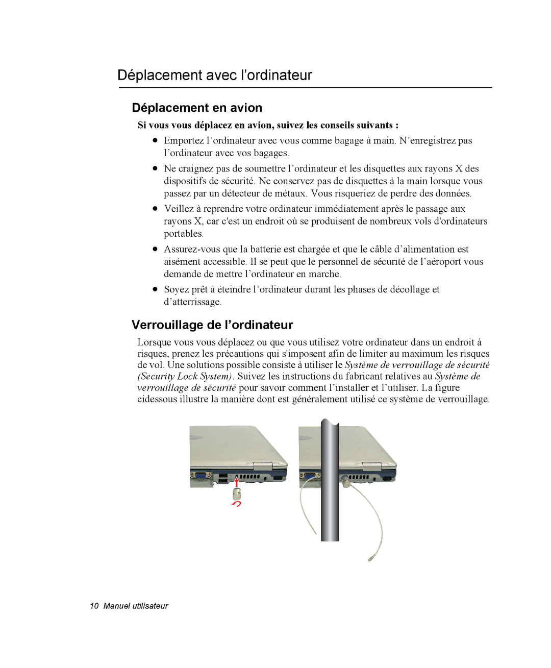 Samsung NP20FP0069/SEF, NP20FP02BG/SEF Déplacement avec l’ordinateur, Déplacement en avion, Verrouillage de l’ordinateur 