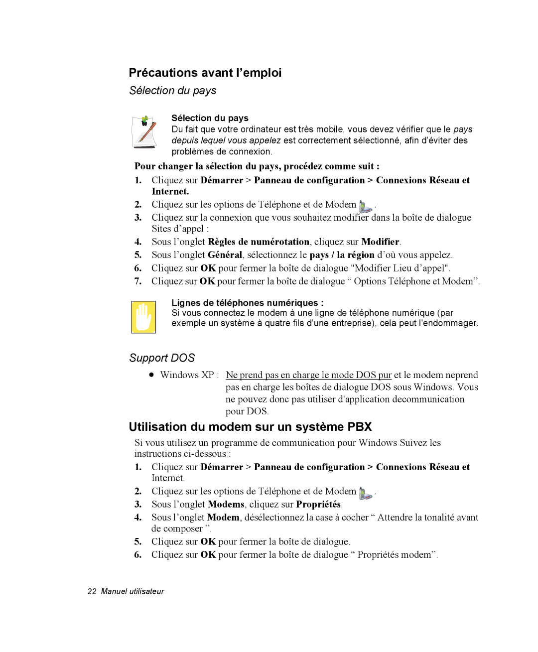 Samsung NP20FP005X/SEF manual Précautions avant l’emploi, Utilisation du modem sur un système PBX, Sélection du pays 