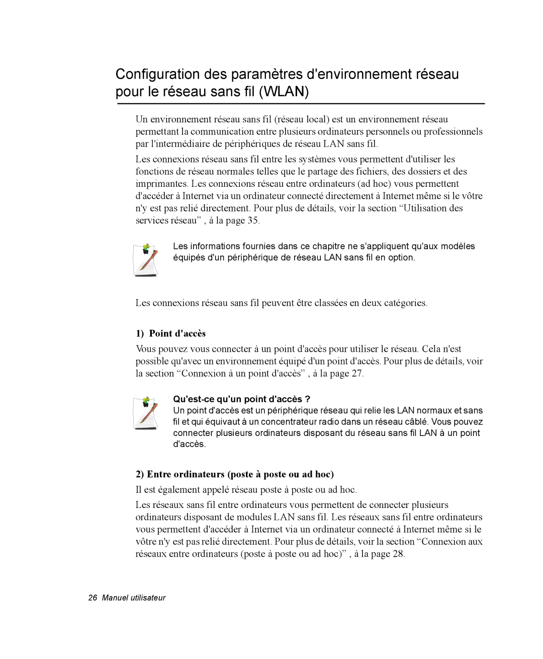 Samsung NP20FP0069/SEF manual Point daccès, Entre ordinateurs poste à poste ou ad hoc, Quest-ce quun point daccès ? 