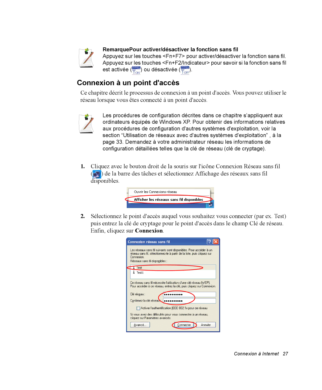 Samsung NP20FP0045/SEF, NP20FP02BG/SEF Connexion à un point daccès, RemarquePour activer/désactiver la fonction sans fil 