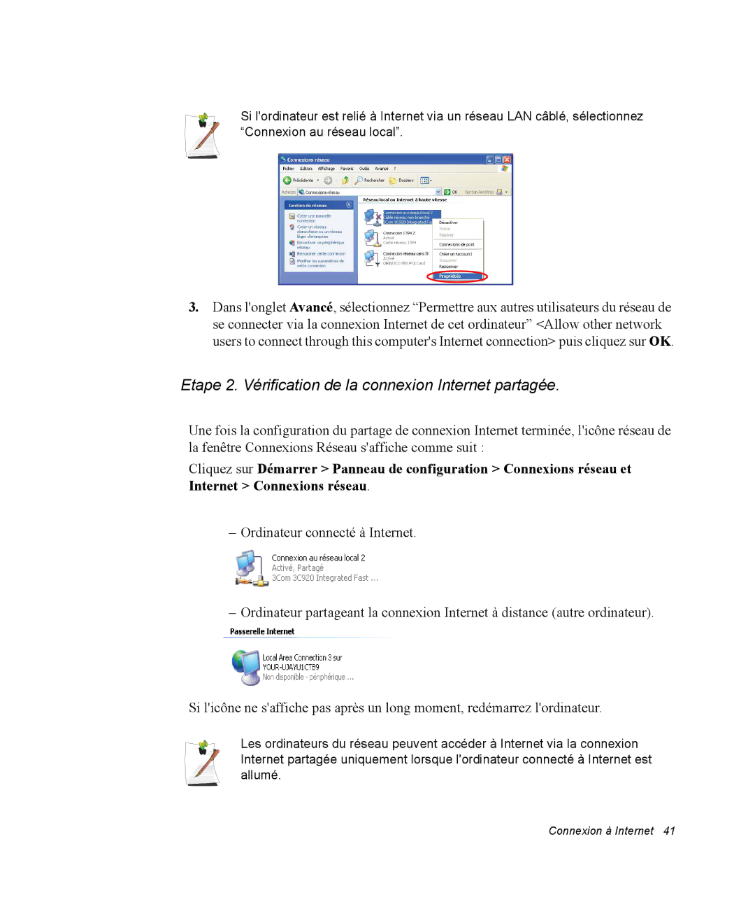 Samsung NP20FP02BG/SEF, NP20FP0069/SEF, NP20FP0045/SEF manual Etape 2. Vérification de la connexion Internet partagée 