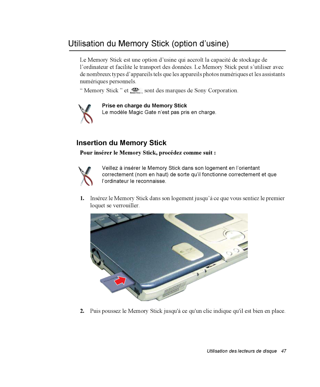 Samsung NP20FK0045/SEF, NP20FP02BG/SEF manual Utilisation du Memory Stick option d’usine, Insertion du Memory Stick 