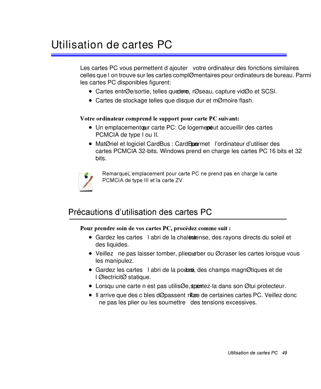 Samsung NP20FP02BG/SEF, NP20FP0069/SEF, NP20FP0045/SEF Utilisation de cartes PC, Précautions d’utilisation des cartes PC 