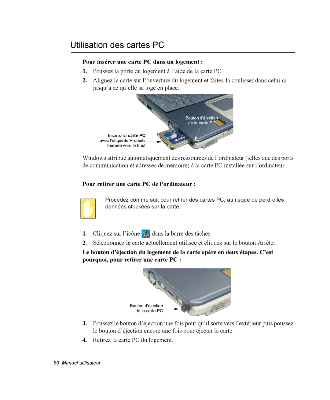 Samsung NP20FP0069/SEF, NP20FP02BG/SEF manual Utilisation des cartes PC, Pour insérer une carte PC dans un logement 