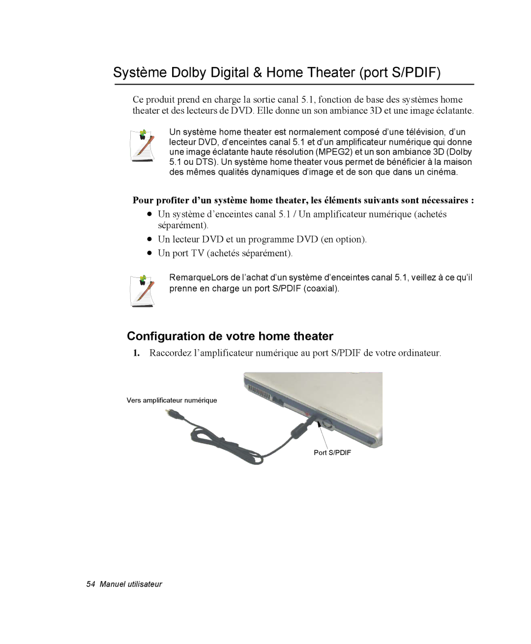 Samsung NP20FP005X/SEF manual Système Dolby Digital & Home Theater port S/PDIF, Configuration de votre home theater 