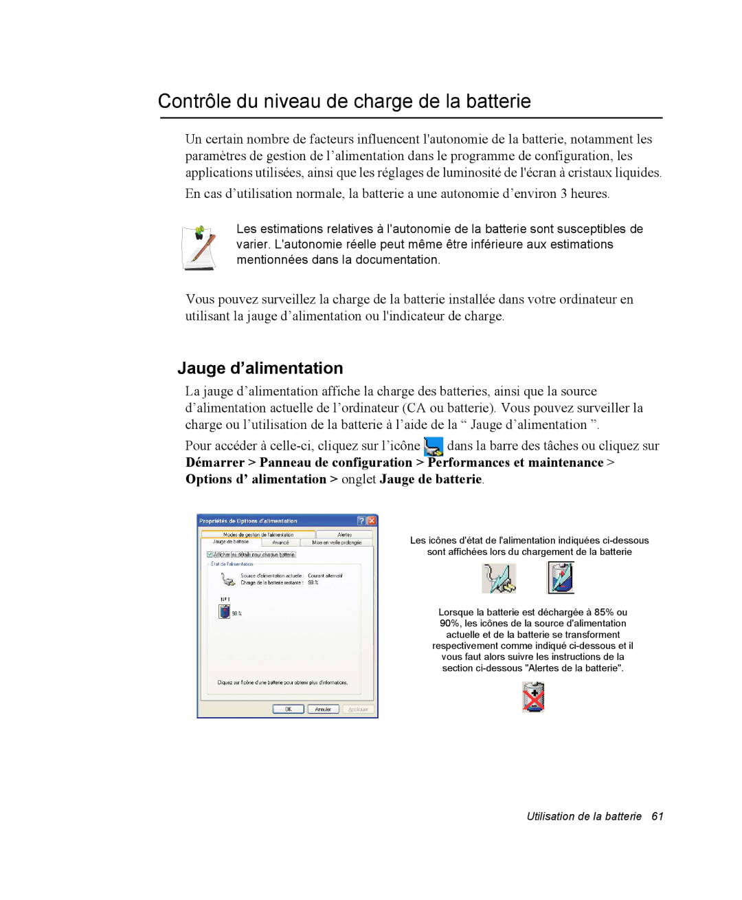 Samsung NP20FP09EW/SEF, NP20FP02BG/SEF, NP20FP0069/SEF Contrôle du niveau de charge de la batterie, Jauge d’alimentation 