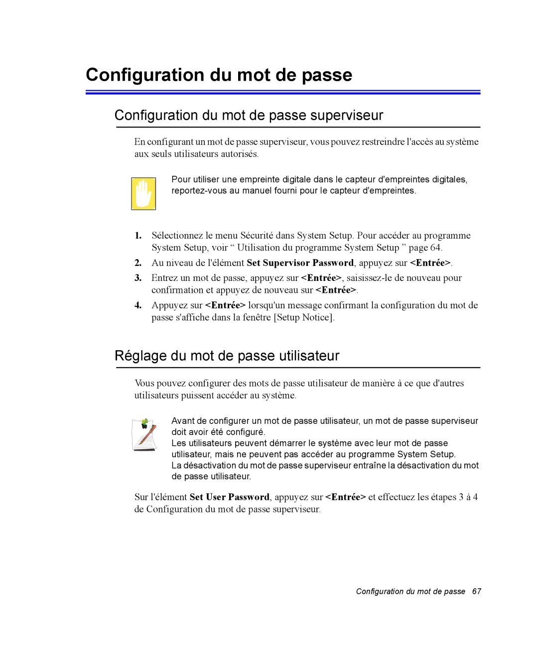 Samsung NP20FP0045/SEF, NP20FP02BG/SEF Configuration du mot de passe superviseur, Réglage du mot de passe utilisateur 