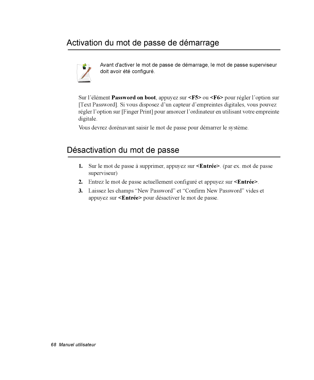 Samsung NP20FP0A6R/SEF, NP20FP02BG/SEF manual Activation du mot de passe de démarrage, Désactivation du mot de passe 