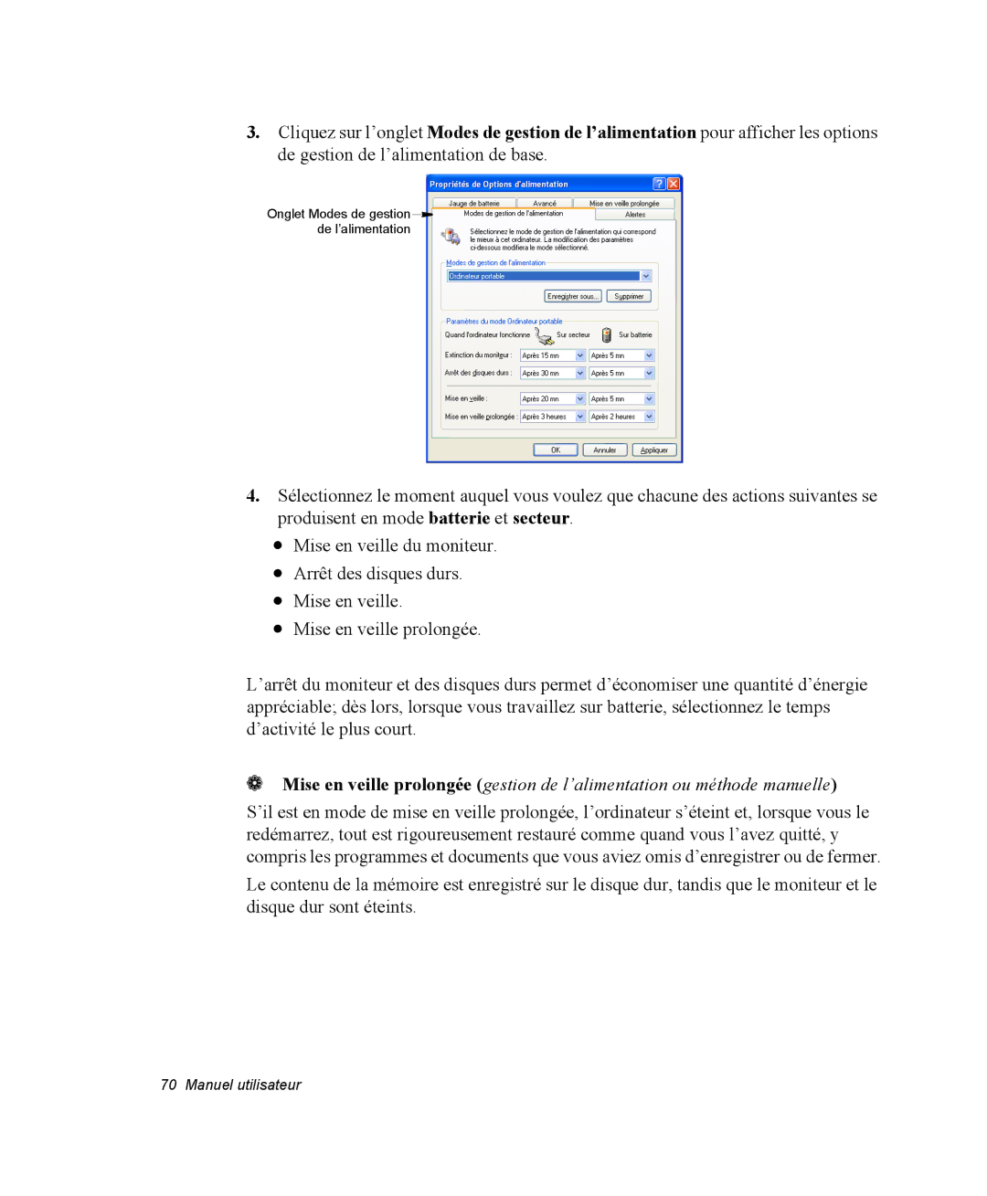 Samsung NP20FP005X/SEF, NP20FP02BG/SEF, NP20FP0069/SEF, NP20FP0045/SEF manual Onglet Modes de gestion de l’alimentation 