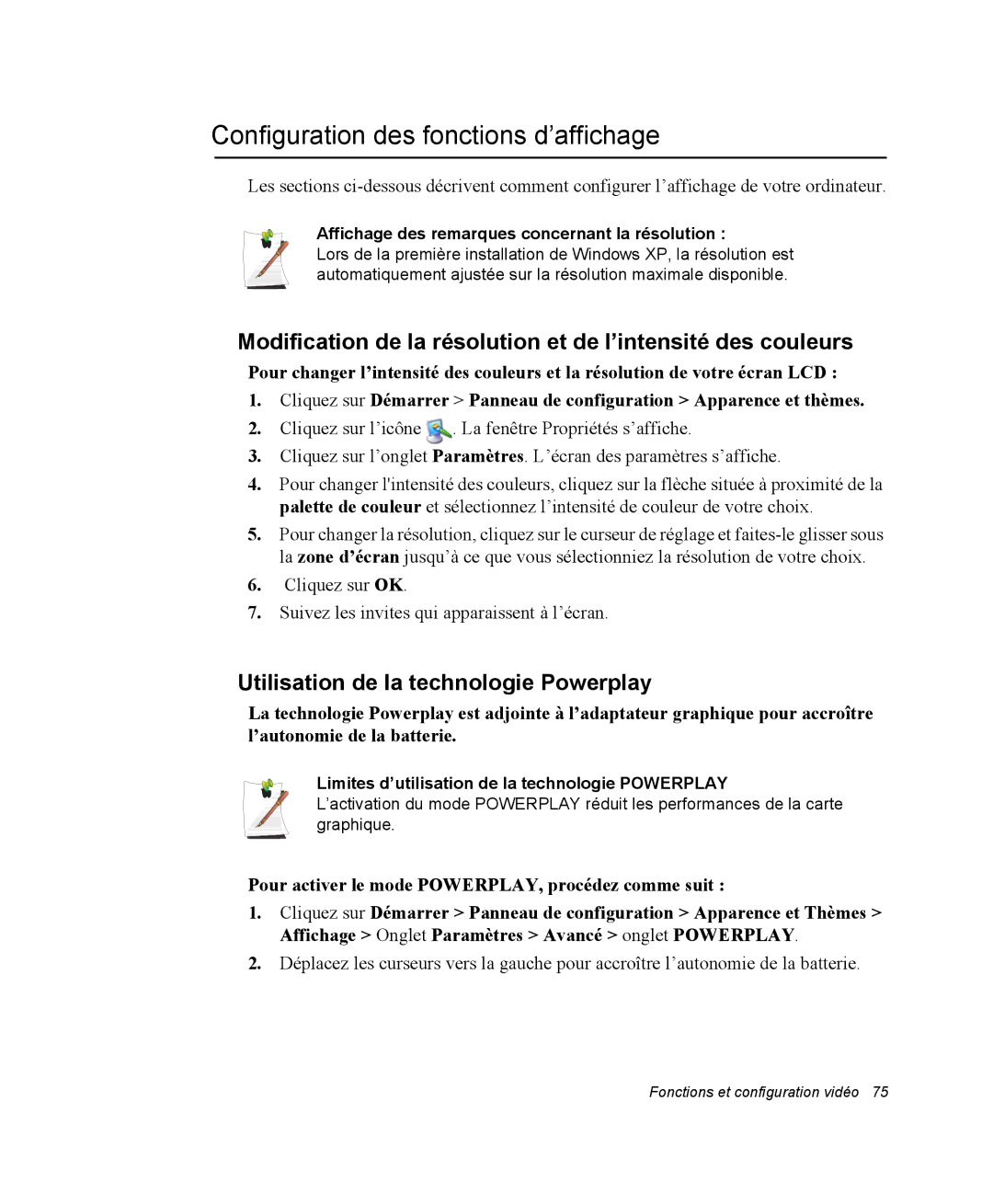 Samsung NP20FP0045/SEF, NP20FP02BG/SEF Configuration des fonctions d’affichage, Utilisation de la technologie Powerplay 