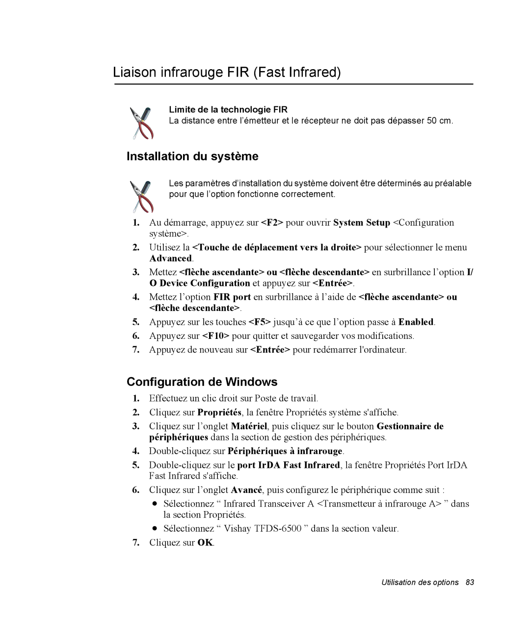 Samsung NP20FP0045/SEF manual Liaison infrarouge FIR Fast Infrared, Installation du système, Configuration de Windows 