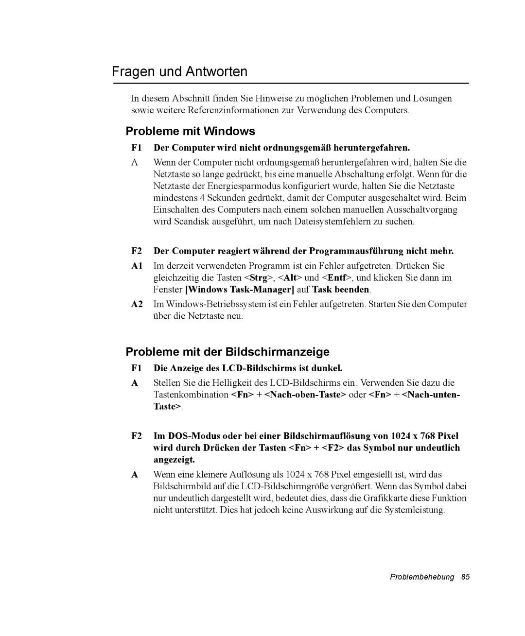 Samsung NP25FK0BM0/SEG, NP25FP3NP5/SEG manual Fragen und Antworten, Probleme mit Windows, Probleme mit der Bildschirmanzeige 