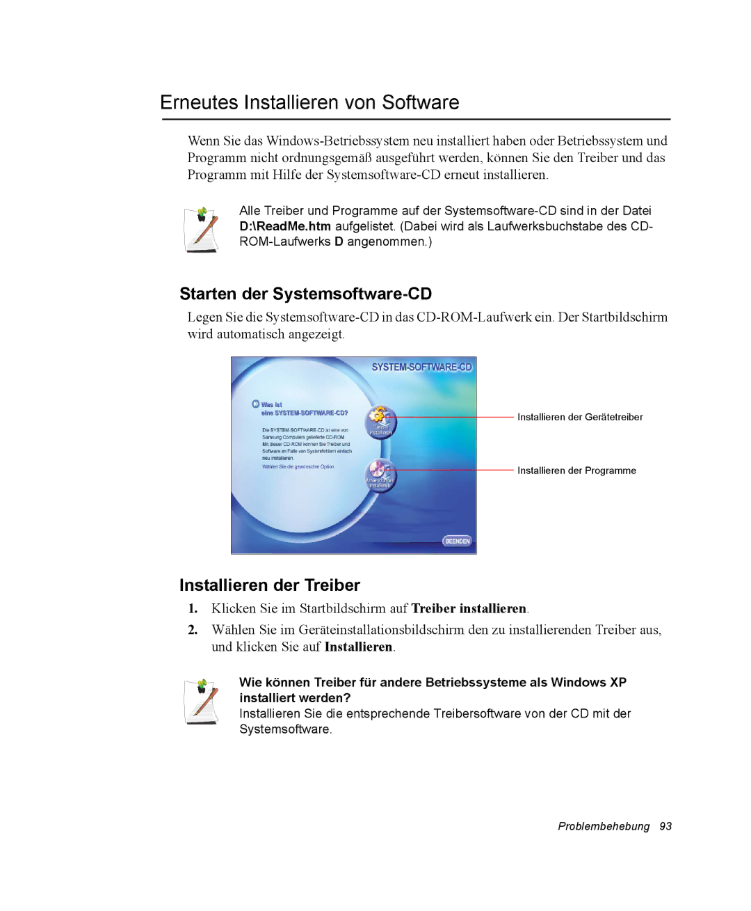 Samsung NP25FK0DA6/SEG manual Erneutes Installieren von Software, Starten der Systemsoftware-CD, Installieren der Treiber 