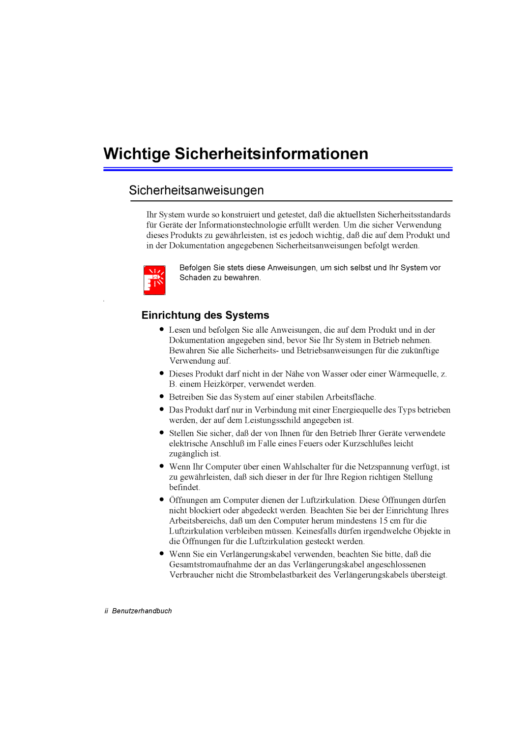 Samsung NP25FK0BM0/SEG, NP25FP3NP5/SEG Wichtige Sicherheitsinformationen, Sicherheitsanweisungen, Einrichtung des Systems 