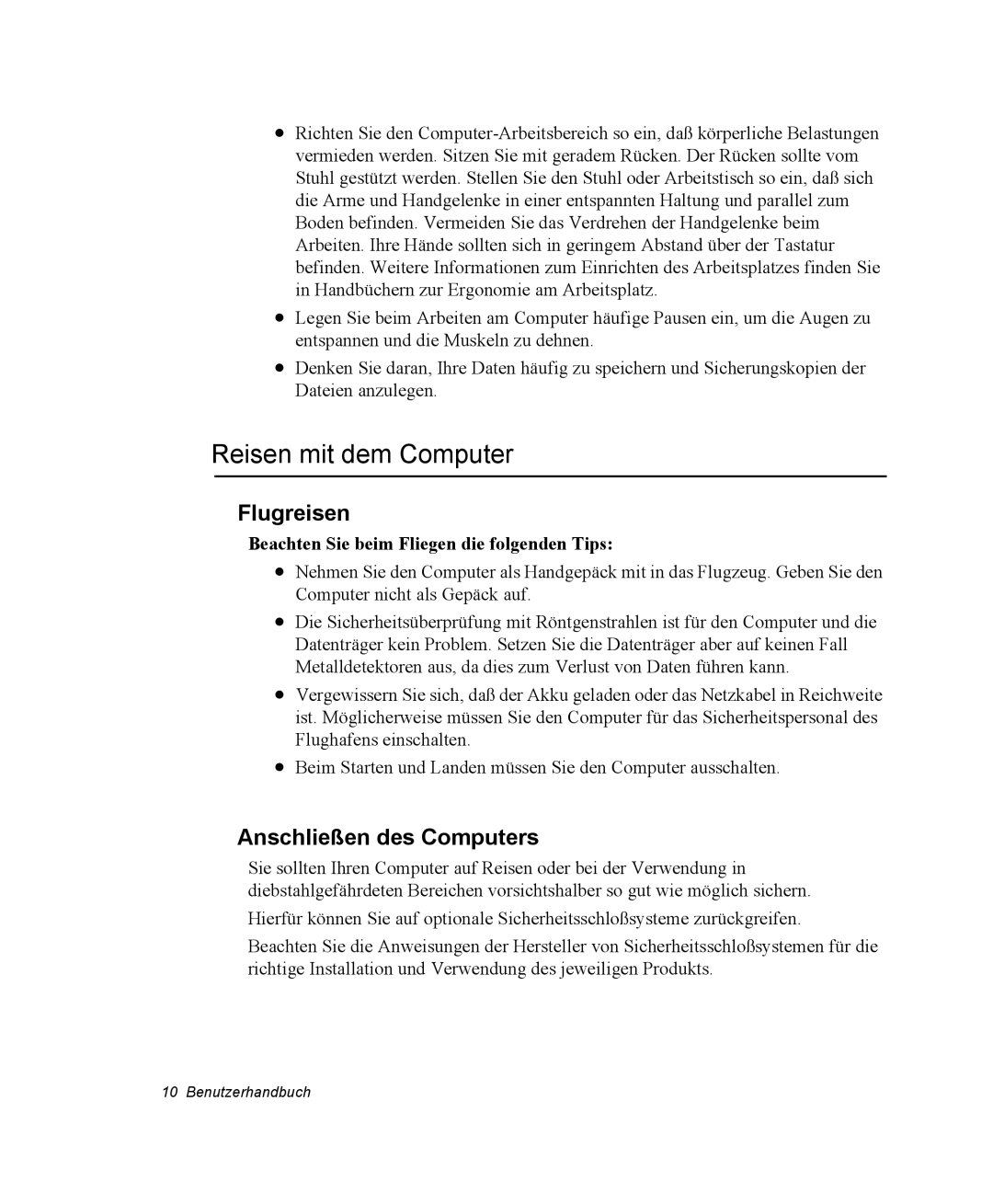 Samsung NP25FP0DA6/SEG, NP25FP3NP5/SEG, NP25FP0C4A/SEG manual Reisen mit dem Computer, Flugreisen, Anschließen des Computers 