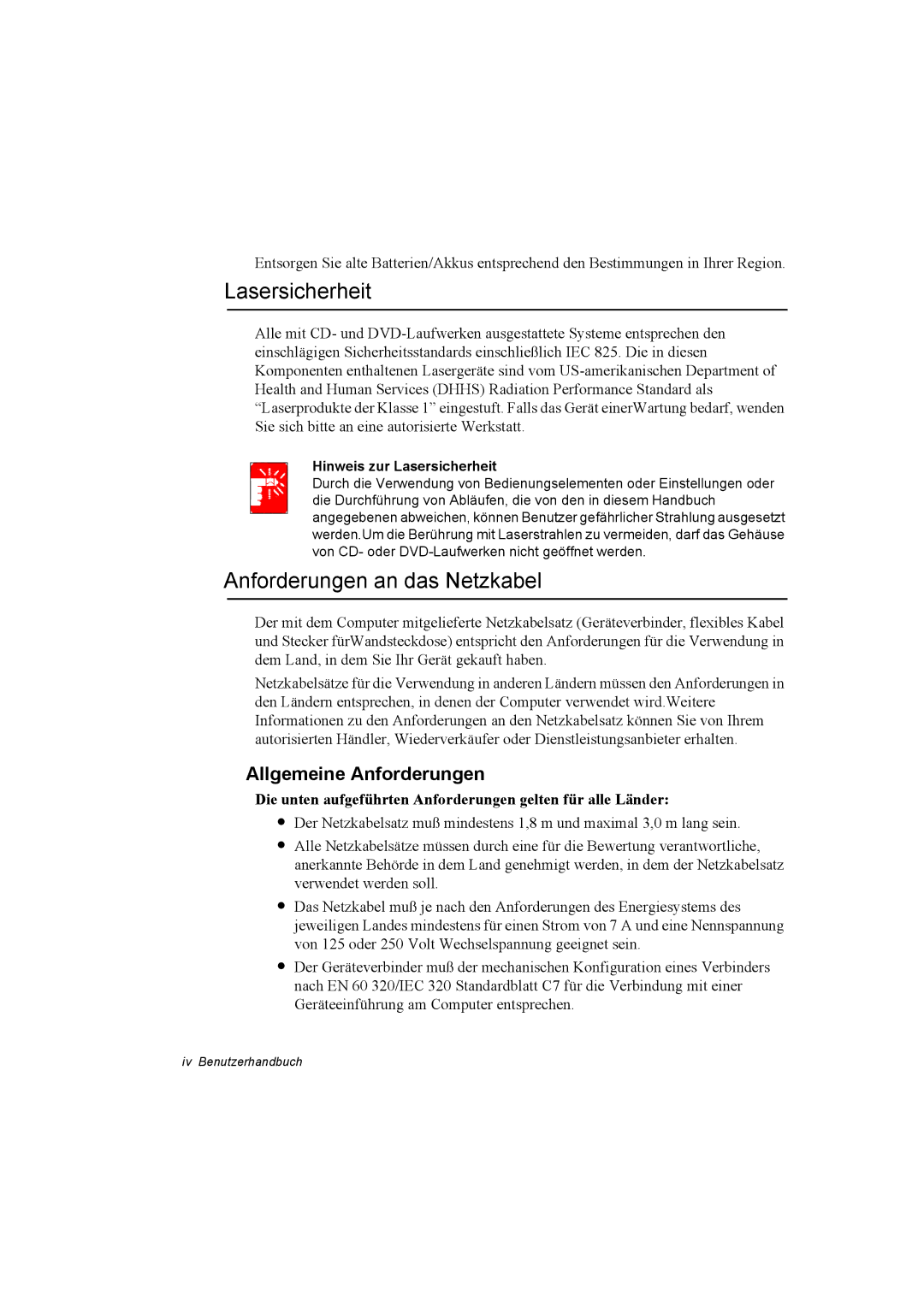 Samsung NP25FP0DA6/SEG, NP25FP3NP5/SEG manual Lasersicherheit, Anforderungen an das Netzkabel, Allgemeine Anforderungen 