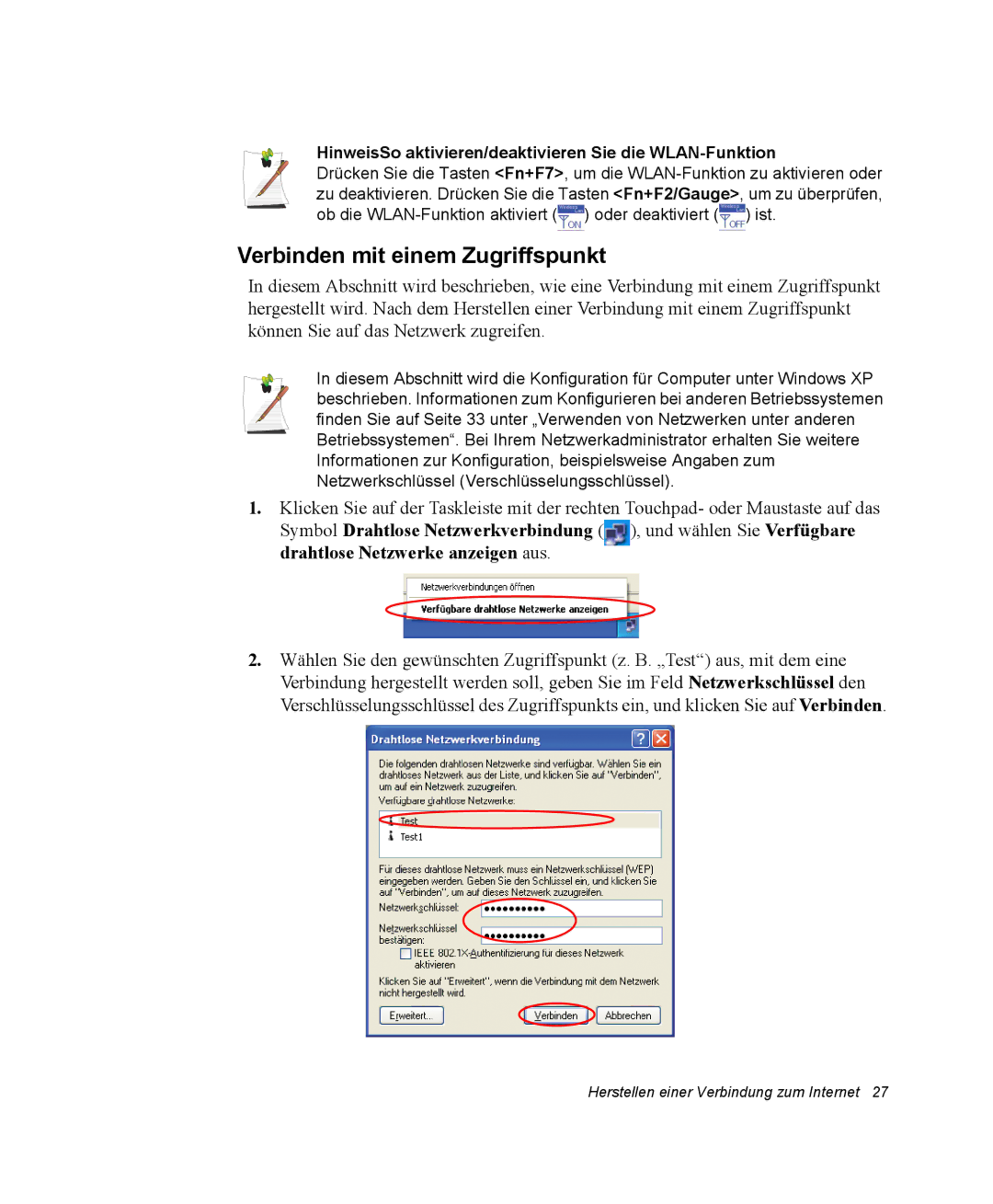 Samsung NP25FP3NP5/SEG manual Verbinden mit einem Zugriffspunkt, HinweisSo aktivieren/deaktivieren Sie die WLAN-Funktion 