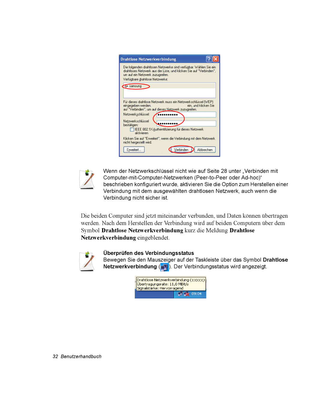 Samsung NP25FK3NP5/SEG, NP25FP3NP5/SEG, NP25FP0C4A/SEG, NP25FK0BM0/SEG, NP25FK0DA6/SEG manual Überprüfen des Verbindungsstatus 