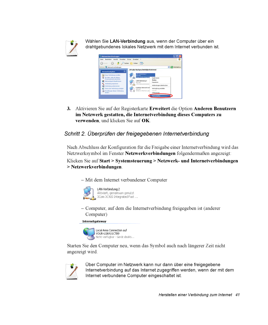 Samsung NP25FP3NP5/SEG, NP25FP0C4A/SEG, NP25FK0BM0/SEG manual Schritt 2. Überprüfen der freigegebenen Internetverbindung 