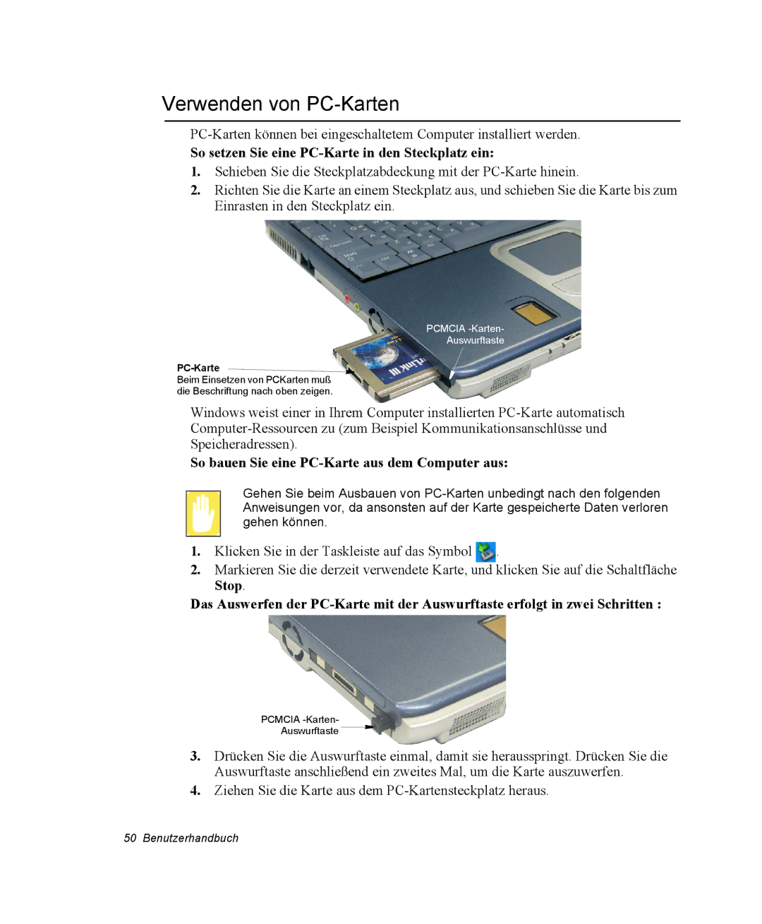 Samsung NP25FK0BM0/SEG, NP25FP3NP5/SEG manual Verwenden von PC-Karten, So setzen Sie eine PC-Karte in den Steckplatz ein 